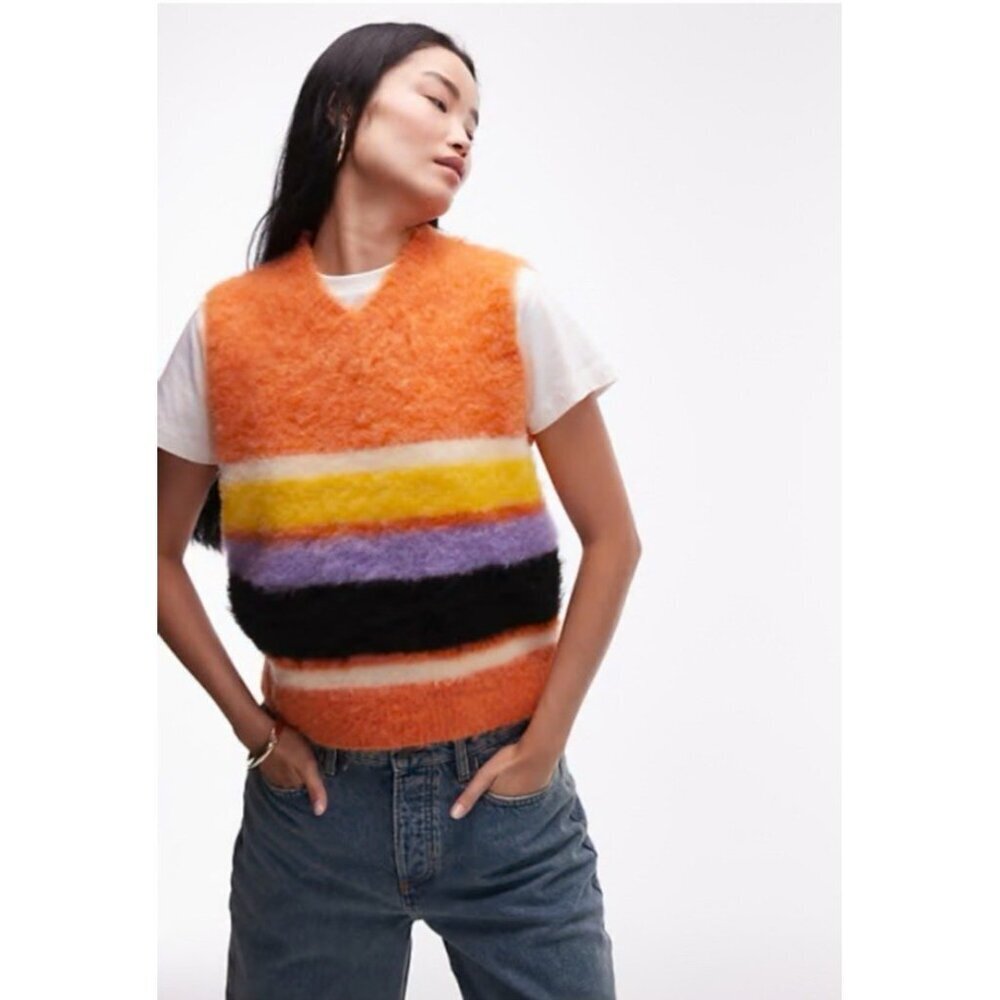 Topshop Fluffy Knit Sweater Vest Multicolor Stripe V Neck Sleeveless Small